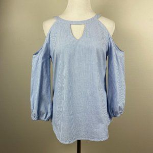 White House Black Market Top Womens 2 Blue Pinstripe Cold Shoulder 3/4 Sleeve